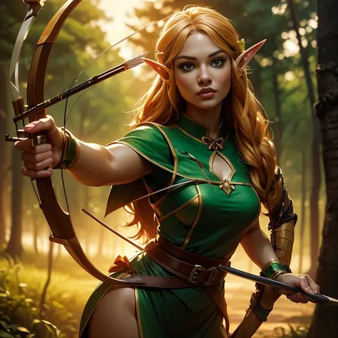 ((hunting＿Aiming at Prey_Hold a bow and arrow_Elf_Shooter_Archer:1.9))、Blonde medium hair、Big Breasts、Narrow waist、Big Butt、Ideal proportions、Oily skin with detailed、(Wearing a revealing, beautiful and delicate outfit:1.６)、Carry a quiver on your back、(High...