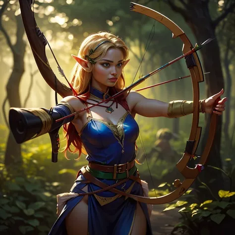 ((hunting＿Aiming at Prey_Hold a bow and arrow_Elf_Shooter_Archer:1.9))、Blonde medium hair、Big Breasts、Narrow waist、Big Butt、Ideal proportions、Oily skin with detailed、(Wearing a revealing, beautiful and delicate outfit:1.６)、Carry a quiver on your back、(High...