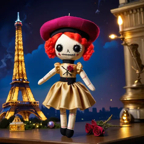 (knitted toy voodoo doll:1.8), (Voodoo Doll Parisian:1.3), (Clothing: chic Parisian outfit with fleur-de-lis patterns:1.0), (Accessories: enchanted beret emitting soft golden light, levitating baguette and wine bottle:1.1), (background: iconic Eiffel Tower...