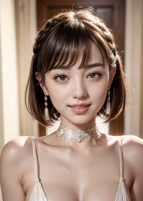 Thin pubic hair((Highest quality、8K、masterpiece:1.3))((Perfect glowing skin,Perfect Skin))　Browsing Caution　Realistic　Bright room　White Room　White skin　smile　Brown Hair　short hair　bangs　Braid