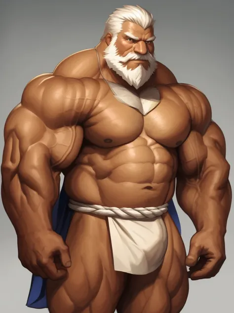 solo, 1boy, Huge Muscular Old man wearing fundoshi, pectoral, thick arms, huge pectoral, wide pectoral, short white hair, shirtless, bearded, simple background, masterpiece, semirealistic:1.2, high detailed, 8k, high resolution