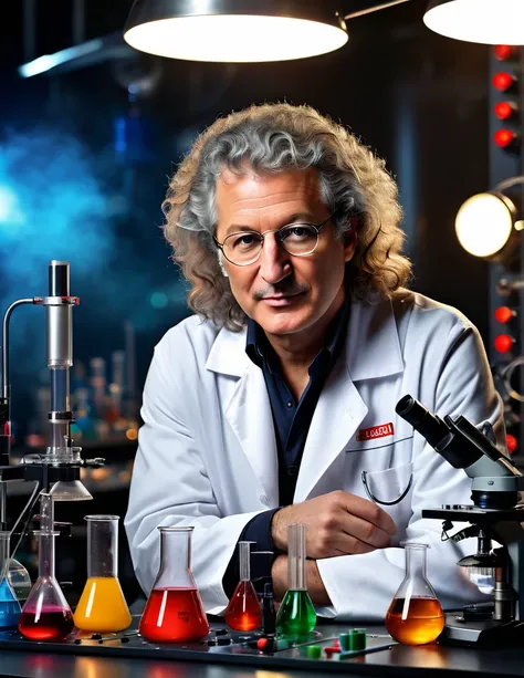 Brian May hosting a science show on TV with detailed chemistry props. Studio lighting, high-quality camera, and a futuristic background. Brian is wearing a lab coat and holding a beaker filled with colorful liquids. There are various chemistry equipment an...