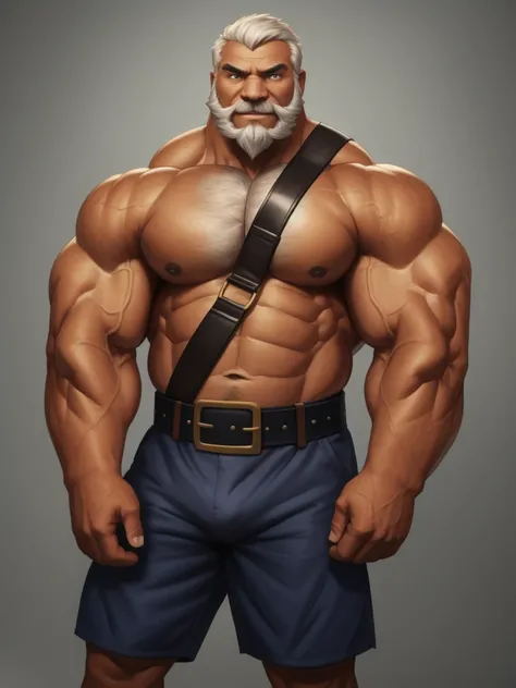 solo, 1boy, Huge Muscular Old man wearing boxing belt , pectoral, thick arms, huge pectoral, wide pectoral, short white hair, short pants and shirtless, bearded, simple background, masterpiece, semirealistic:1.2, high detailed, 8k, high resolution