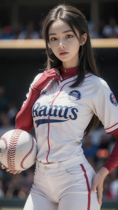 arafed woman in a baseball uniform holding a baseball glove, smooth white tight clothes suit, female baseball player, trending at cgstation, inspired by Leng Mei, trending on cgstation, professional sports style, dilraba dilmurat, sporty, 🤤 girl portrait, ...