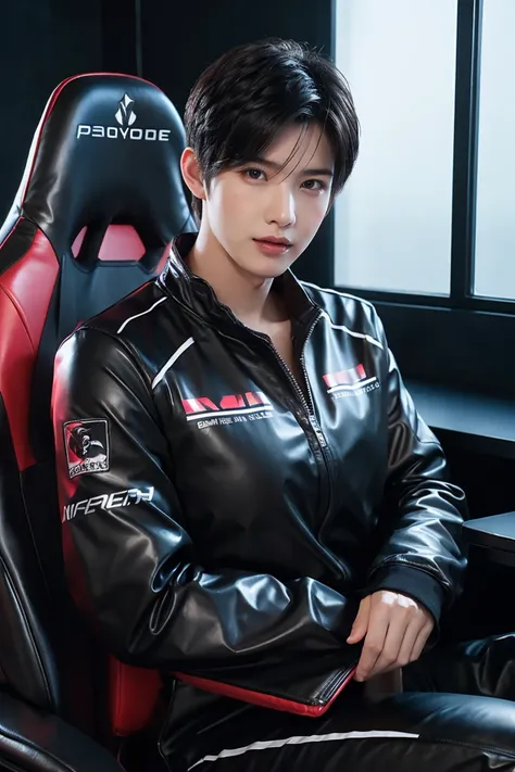 masterpiece, Best quality, ultra detailed, realistic, Detailed Face, Detailed and realistic skin, perfect shiny skin, One male, young man, 25 years old, (Gradient black Hair), cinematic lighting, half body, sitting on gaming chair, front sided