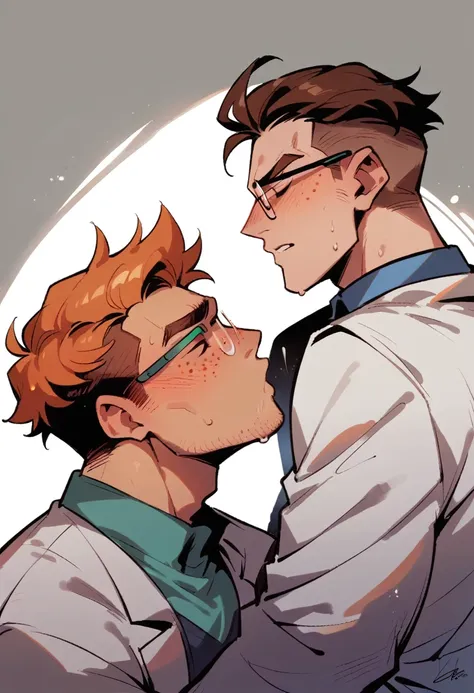 handsome brown haired boy wearing glasses and a white  lab coat kissing a handsome ginger haired boy with freckles, in a science...