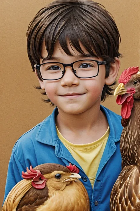 Drawing of a boy with straight brown hair, He wears glasses with a chicken in his hair attacking him