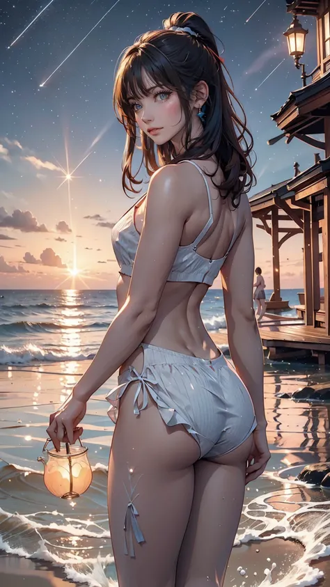 ((masterpiece, Highest quality)), At night, Light clothing, girl, Put one foot in the sea using only your toes, girl standing, girl sideways, girl between the horizon and the sea, Side view, Ripples spread from my toes, The scene is about 20 metres away., ...