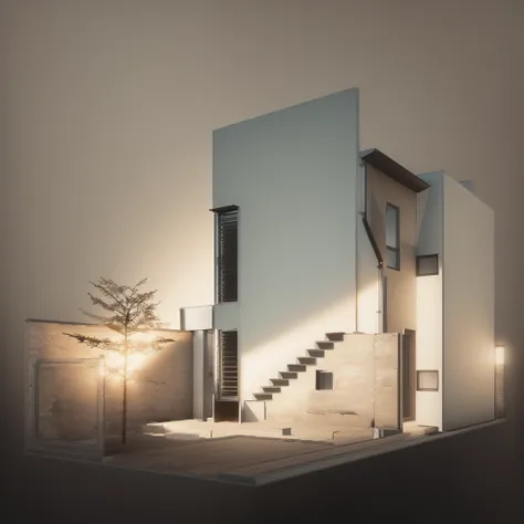 un dessin d&#39;une maison avec un escalier et un arbre, maison conceptuelle, concept architectural, vue de face, vue de face, rendu architectural, maison urbaine, vue en élévation, 3 / 4 vues, 3/4 vues, conception résidentielle, dans le style du réalisme ...