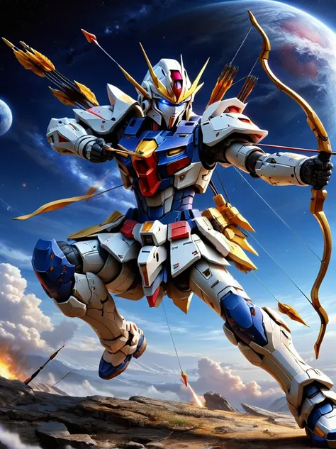 amazing quality，masterpiece，best quality，ultra detailed，ultra hd，depth of field，(whole body:1.5)，gundam holding a bow and arrow，...