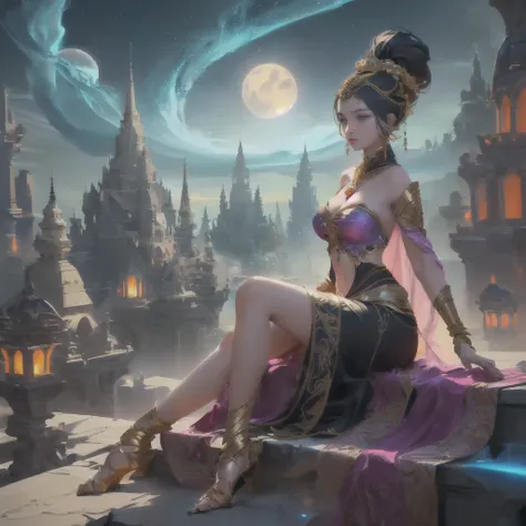 There are beautiful Indian women. ,Gold Jewelry,golden cloth,One person sits on the edge with the night sky as a backdrop., beautiful fantasy art, Ross Tran 8g, Thiti Luatthong, Beautiful Fantasy Empress, very beautiful fantasy art, 4k fantasy art, Beautif...