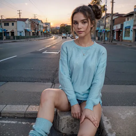 Female supermodel. Cute, adorable, smirking. Pastel blue sweater. Sitting in the middle of road. Dim, soft lighting. Sunset.