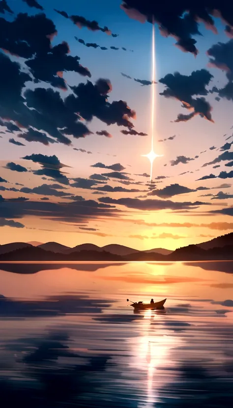 anime scenery of a sunset over a calm lake with a boat, cosmic skies. by makoto shinkai, makoto shinkai. —h 2160, blue sea. by makoto shinkai, anime beautiful peace scene, detailed scenery —width 672, makoto shinkai!, anime landscape wallpaper, style of ma...