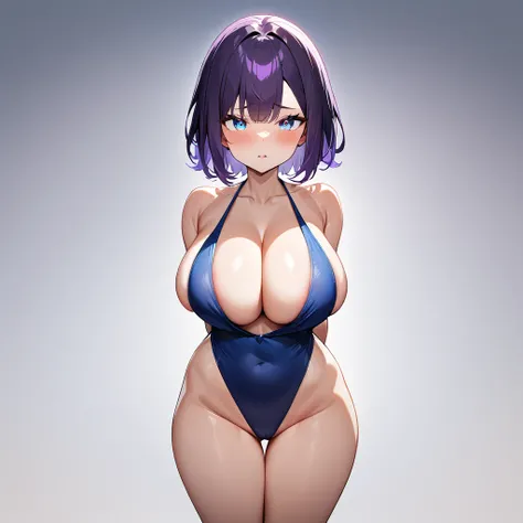 nsfw,1girl,short hair,bare,dark purple hair,purple hair,light blue eyes,Two-tone hair,Thighs,Two-tone eyes,big breast,blue one-piece,Cleavage,sideboob,straight-on,masterpiece,best quality,very aesthetic,absurdres,