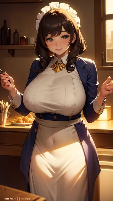 a chubby housewife wearing an exquisite suit, holding food in her hands and smiling, 8k, highly detailed, photorealistic, warm lighting, soft colors, cozy atmosphere, cinematic composition