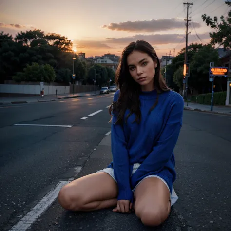 Female supermodel. Royal blue sweater. Sitting in the middle of road. Dim, soft lighting. Sunset.