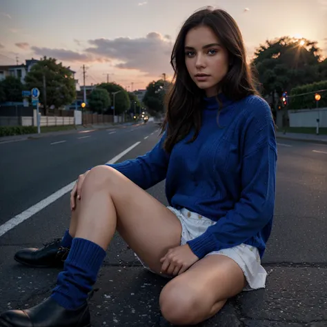 Female supermodel. Royal blue sweater. Sitting in the middle of road. Dim, soft lighting. Sunset.