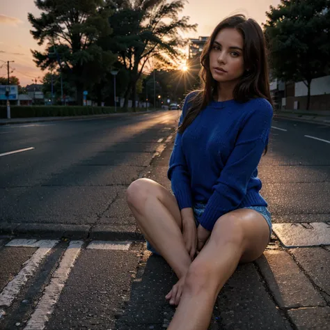 Female supermodel. Royal blue sweater. Sitting in the middle of road. Dim, soft lighting. Sunset.