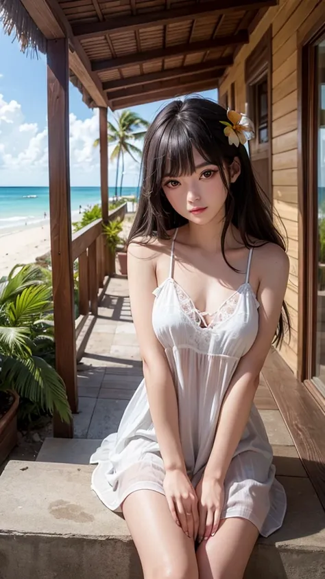 Tropical sandy beach、(Highest quality), masterpiece, Center Configuration, Highly detailed lights and shadows, Looking at the wall, Highly detailed face and eyes, Medium length hair, Serious and cute clothes