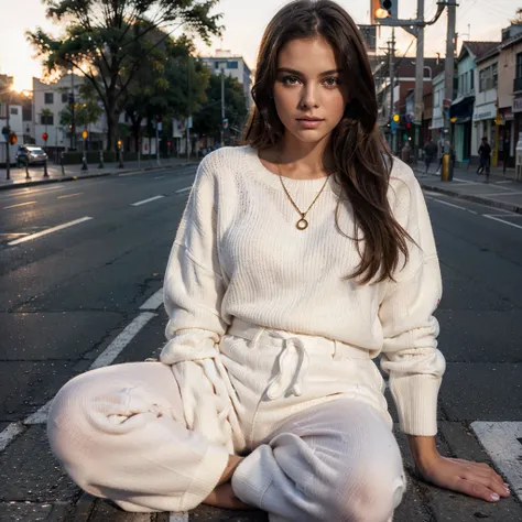 Female supermodel. White sweater. Sitting in the middle of road. Dim, soft lighting. Sunset.