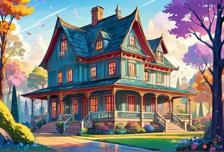 A beautiful house, big, spaceus, modern,  (masterpiece best quality:1.2) delicate illustration ultra-detailed,  (disney-related event) detailed background, illustrations, bright, colourful, 