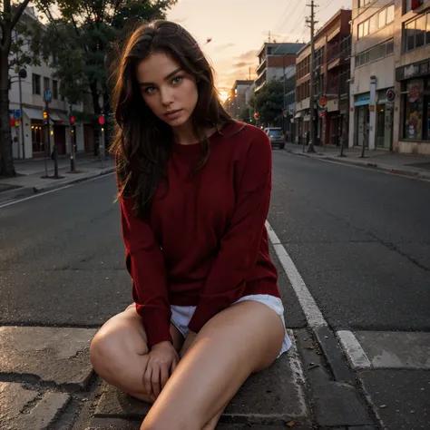 Female supermodel. Red sweater. Sitting in the middle of road. Dim, soft lighting. Sunset.