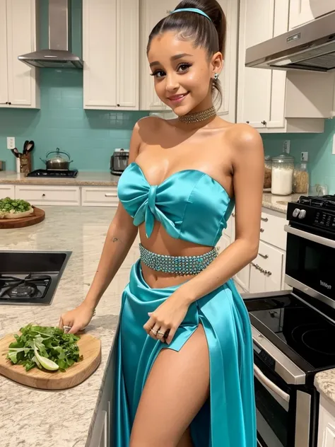 Ariana Grande, smiling happily, wearing turquoise silk strapless top, long slit skirt, cooking, in the kitchen