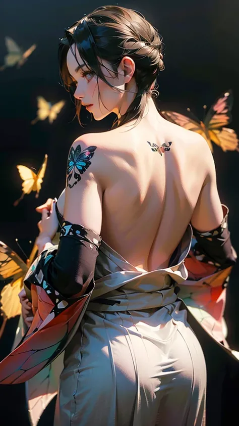 a woman wearing a traditional japanese kimono, ((large butterfly tattoo on her back)), beautiful detailed eyes, beautiful detailed lips, extremely detailed eyes and face, long eyelashes, detailed intricate kimono patterns, cinched waist, flowing sleeves, t...