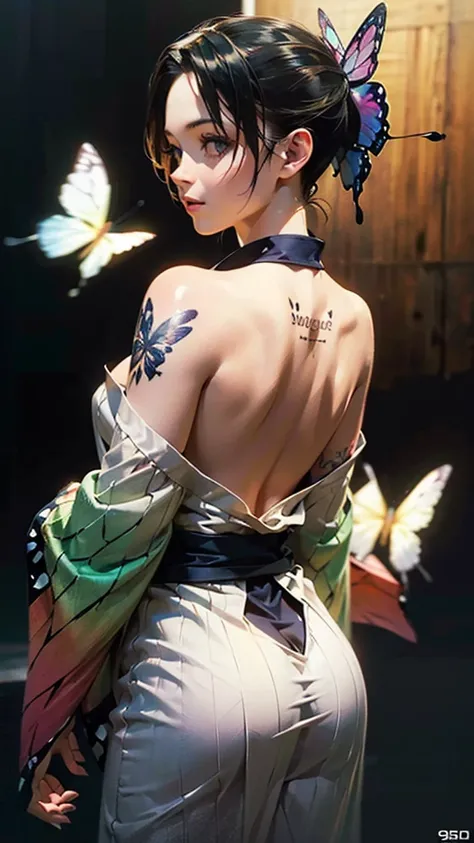 a woman wearing a traditional japanese kimono, ((large butterfly tattoo on her back)), beautiful detailed eyes, beautiful detailed lips, extremely detailed eyes and face, long eyelashes, detailed intricate kimono patterns, cinched waist, flowing sleeves, t...