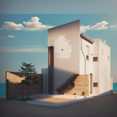 un dessin d&#39;une maison avec un escalier et un arbre, maison conceptuelle, concept architectural, vue de face, vue de face, rendu architectural, maison urbaine, vue en élévation, 3 / 4 vues, 3/4 vues, conception résidentielle, dans le style du réalisme ...