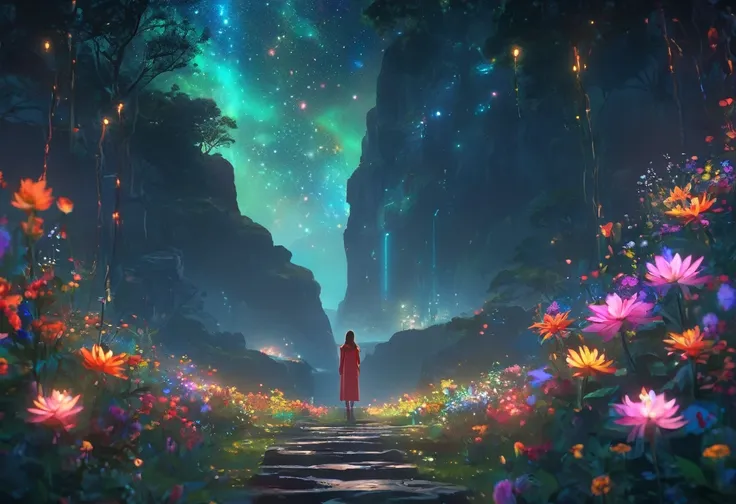 (((zoom out))),8k,((Highest quality)),((high-res)),((shot from behind)),night,She stands in a sanctuary in nature,flowers,outside,colorful,thank you!