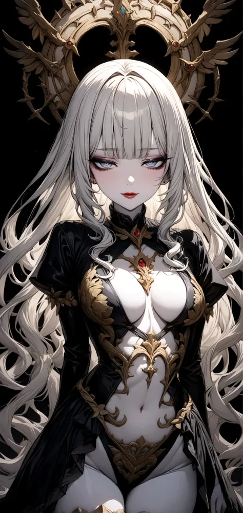 (Absolute resolution, absurd, dynamic lighting, high resolution, masterpiece, best quality), black background, ((Moonlight)),, 1 girl, silver hair, shiny hair, very long hair, blunt bangs, very red lips, looking at the viewer, symbolic pupils, (((half-clos...