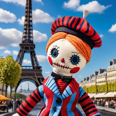 (knitted toy voodoo doll:1.7), (Voodoo Doll:1.3), (Clothing: chic Parisian outfit with striped patterns:1.0), (Accessories: beret, miniature Eiffel Tower:1.1), (background: iconic Eiffel Tower with blue skies, Parisian cafes, and tourists:1.2), best qualit...