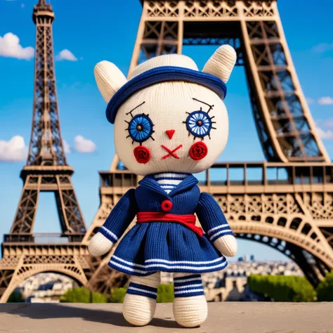 (knitted toy voodoo doll:1.7), (Voodoo Doll:1.3), (Clothing: chic Parisian outfit with striped patterns:1.0), (Accessories: beret, miniature Eiffel Tower:1.1), (background: iconic Eiffel Tower with blue skies, Parisian cafes, and tourists:1.2), best qualit...