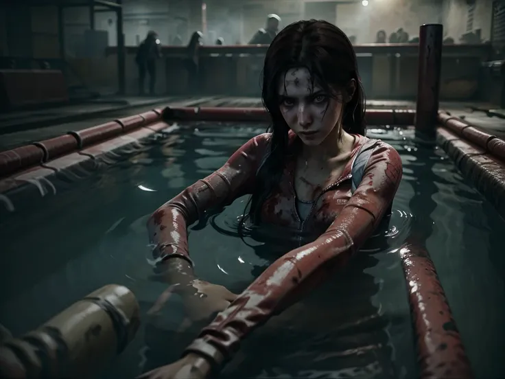 zoey from left 4 dead, in pool of blood, Ultra HD, 8K, Ultra Realistic, HDR+
