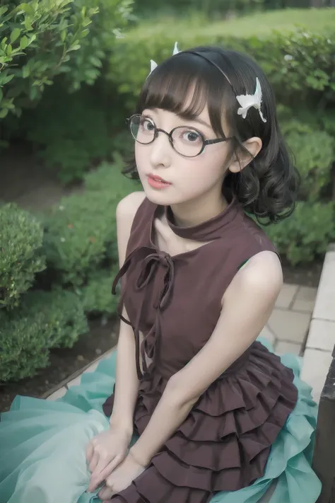 High quality masterpiece UHD high detail, pretty girl, Red eyes、Big eyes、Glasses, Thin lips, Ahoge Curly Hair Hairpin, Mermaid Dress, Knee-high socks, A clear English garden, Wide-angle
