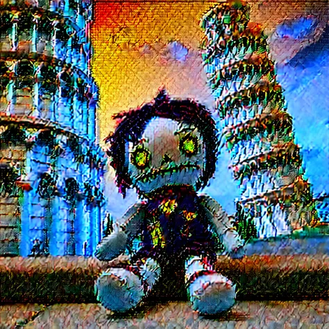 (knitted toy voodoo doll:1.7), (Voodoo Doll:1.3), (Clothing: casual Italian attire with leaning tower patterns:1.0), (Accessories: camera, guidebook:1.1), (background: leaning Tower of Pisa with clear skies, surrounding buildings, and tourists:1.2), best q...