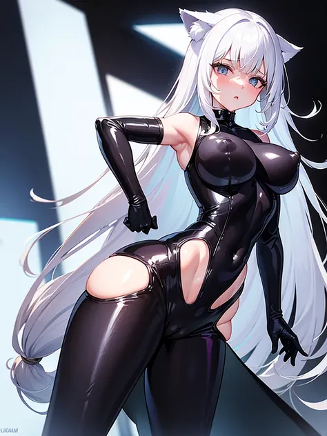 white hair girl, cat ears, big body, with a black leather suit attached to the body, that her nipples and vagina are visible in her suit, masturbandose