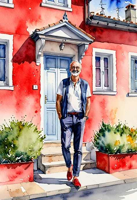 un homme très beau et très réaliste européen devant sa maison, style dessin, couleurs rouge vives dominante, personnages très ré...