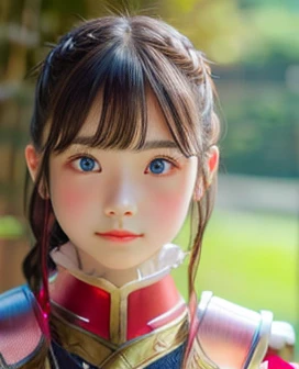 8K、Highest quality、1 Girl、(16 years old)、Flat Body、cute、 View your viewers, blush, bangs, gloves, Upper Body, Braiding, hair band, Outdoor, Lips parted, null, Day, , Pink Eyes, ((Wearing red armor)), wood, , Blurred Background,  , side Braiding, 