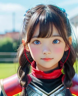 8K、Highest quality、1 Girl、(16 years old)、Flat Body、cute、 View your viewers, blush, bangs, gloves, Upper Body, Braiding, hair band, Outdoor, Lips parted, null, Day, , Pink Eyes, ((Wearing red armor)), wood, , Blurred Background,  , side Braiding, 