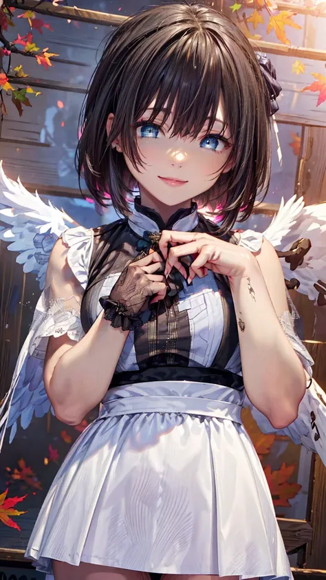 ((Fallen Angel))))、((((Haniel))))Lightly pigmented hair、ロングヘaー、The bangs are neatly trimmed、((Long butt))、((Long eyelashes))、a(Shadow)、(((Eye color: Gray)))、Lip color is light brown、(Smiling emotionlessly)、Act in a captivating way、(((Fall in love with that...