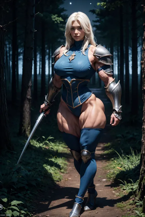 (Muscular:2), (thick thighs:1.4), (large round breasts:1.2), (muscular chest and shoulders:1.5), (large muscular chest and shoulders:1.4), FEMALE, white hair, long white hair, (big smile:0.5), (wearing cute tight blue knight armor:1.6), looking at viewer, ...