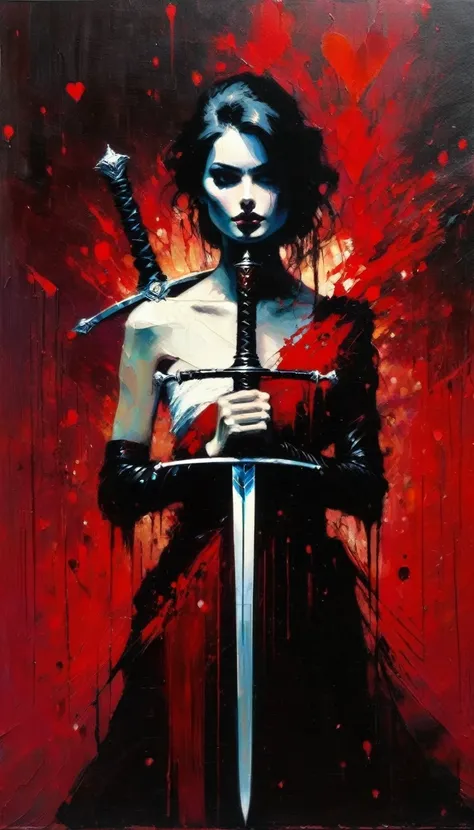 icon with a heart, a sword and blood (art inspired by Bill Sienkiewicz). oil painting)
