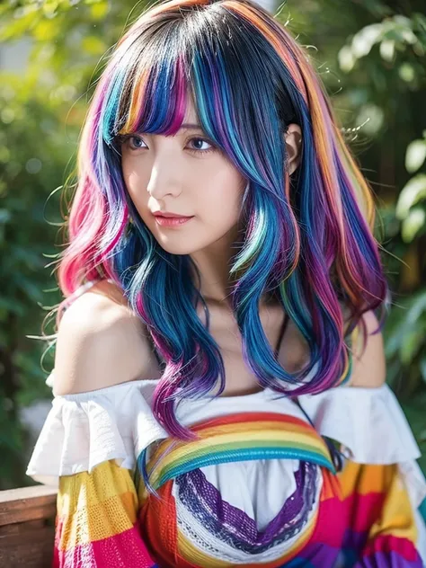 woman, Fluffy hair, Rainbow Hair, Outdoor, chest, Off the shoulder