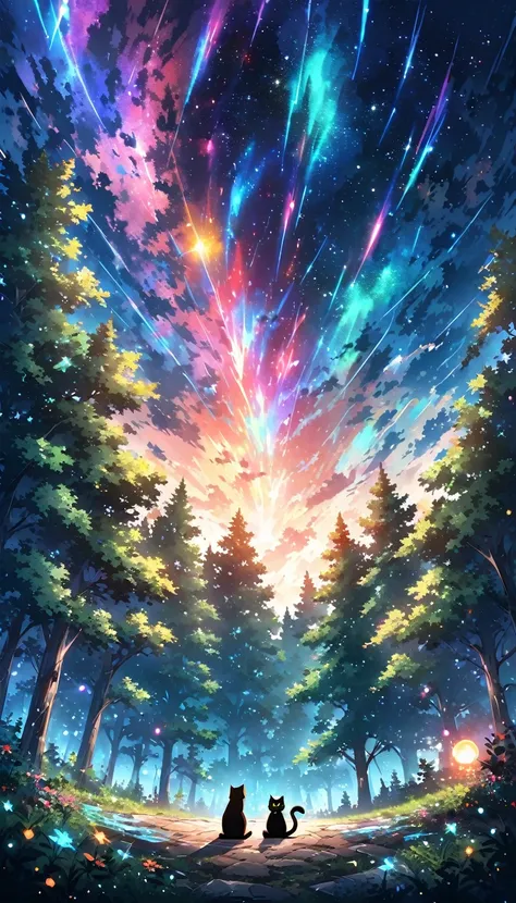 Animated paintings inspired by Makoto Shinkai, space art, (sideways (black cat) sitting looking at the sky from the forest), mysterious, fantastic, meteor shower, intricate lights in emerald colors, twinkling trees, ((unattended)),