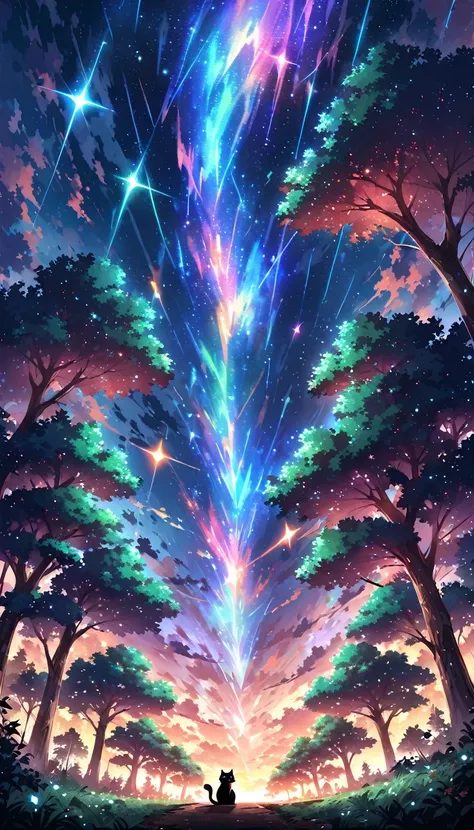 Animated paintings inspired by Makoto Shinkai, space art, (sideways (black cat) sitting looking at the sky from the forest), mysterious, fantastic, meteor shower, intricate lights in emerald colors, twinkling trees, ((unattended)),