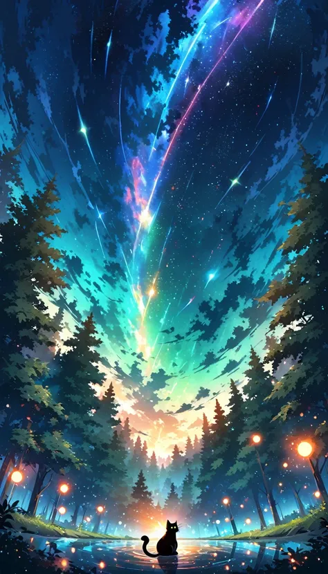 Animated paintings inspired by Makoto Shinkai, space art, (sideways (black cat) sitting looking at the sky from the forest), mysterious, fantastic, meteor shower, intricate lights in emerald colors, twinkling trees, ((unattended)),