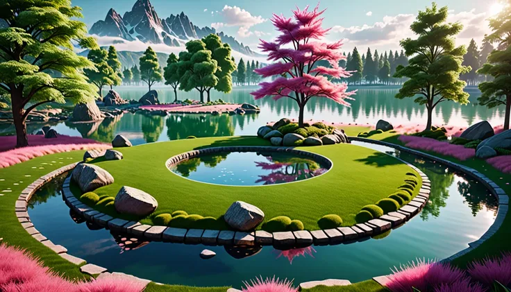 A modern park，There is a circle of rocks around，There is green grass on it，And pink fantasy grass，There is a clear lake in the center，Modern style building，Surrounded by fantasy-style trees and plants。Realistic style，masterpiece, best quality, (Extremely d...