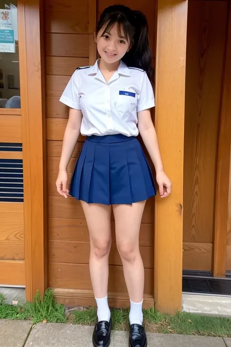 ((Highest quality)), ((masterpiece)), (detailed), A Japanese female junior high school student, Police uniform with short sleeves and shorts、Fair skin、Beautiful face in every detail、cute、Beautiful feet、Thin arms、whole body、Slightly large boobs、No exposed b...